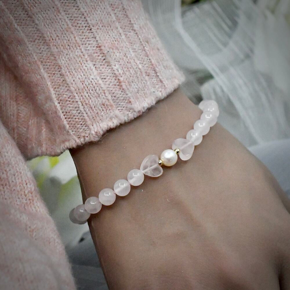 Vintage 14K Gold Rose Quartz Cultured Pearl Bead Bracelet 6.5" Hong Kong WW 6mm